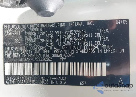 2005 Toyota Sienna Xle from USA, damaged, VIN 5TDZA22C75S320962